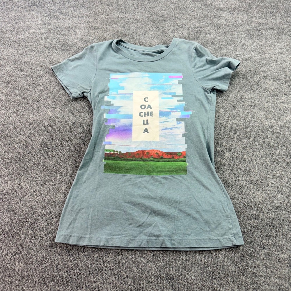 Coachella Music Festival Graphic T Shirt Glitch Art Desert Logo Small Teal Women